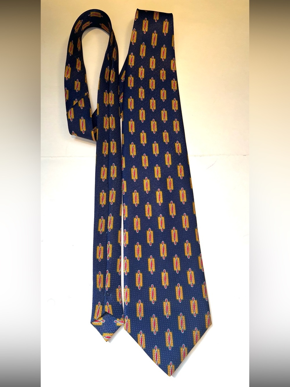 Vintage Dinghao Men's Geometric Silk-Style Tie in Blue & Yellow Like New